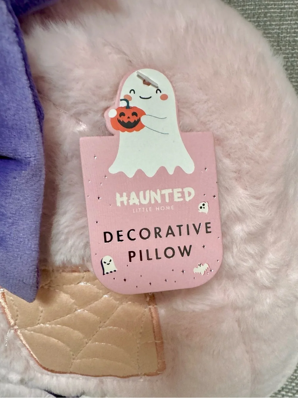 Halloween 🎃 🦇 👻 Pink Plush Pumpkin Pillow Embroidered w/ Ghosts, Bats, Black Cat